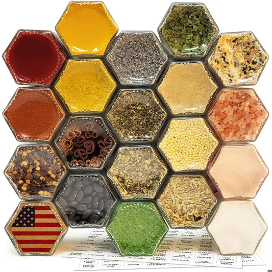 20 Set Magnetic Spice Jars for Refrigerator Hexagon Glass Spice Jars with Magnetic Lids Shaker Spice Labels Magnetic Glass Spice Containers for RV Travel Trailer Kitchen Fridge Cabinet Wall mount